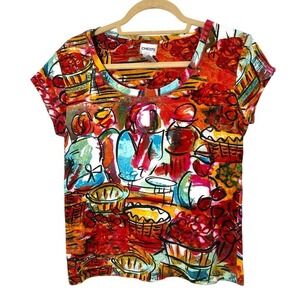 Chico's T-Shirt Womens 1 Cotton Scoop Neck Multicolor Abstract‎ Folk Art Unique